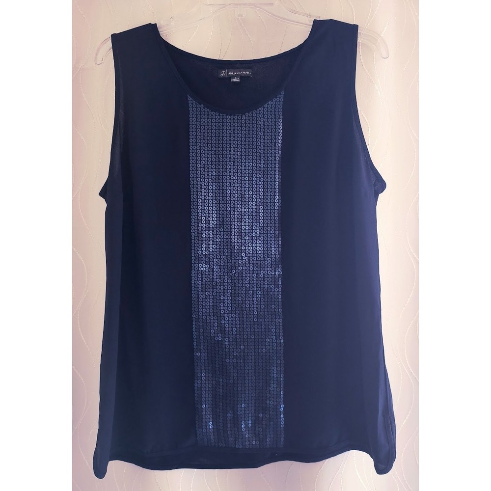 Adrianna Papell Womens Navy Blue Sequin Front Sleeveless‎ Tank Top Blouse Large